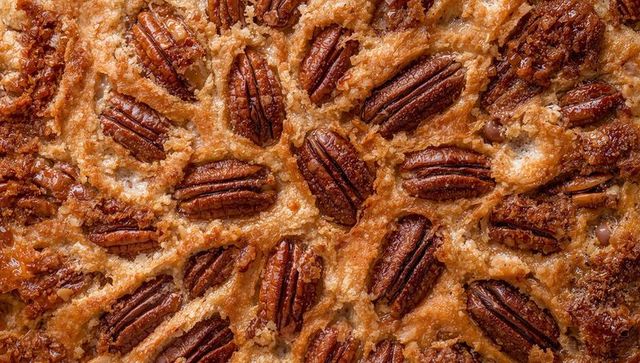 Glossy caramelized pecan tart closeup showing crunchy nut topping and golden crust