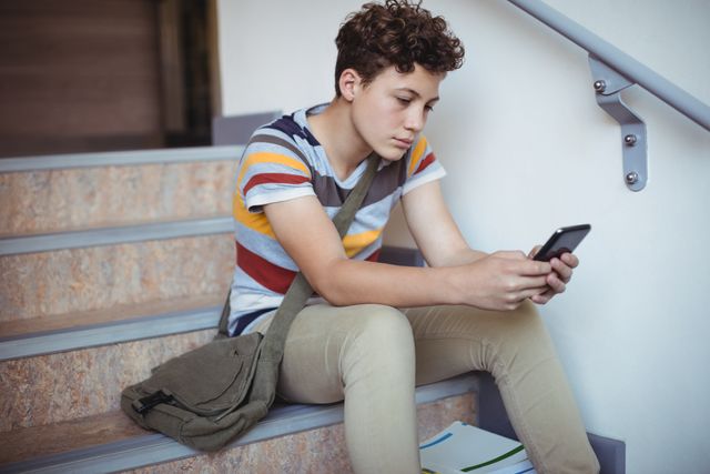 Teenage boy sitting on staircase using mobile phone, wearing casual clothes and a backpack. Ideal for educational content, technology in education, student lifestyle, and youth communication themes.