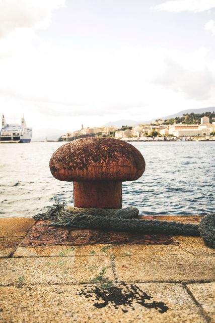 Rustic mooring post with a rope securing a boat, set against a waterfront harbor with scenic coastal view. Perfect for use in travel brochures, nautical-themed projects, urban landscape collections, and maritime industry presentations to evoke feelings of adventure and exploration.