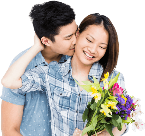 Romantic Gesture with Bouquets on Transparent Background