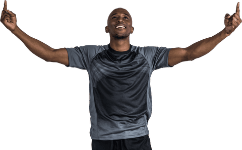 Transparent Joyful Athlete Celebrating Victory with Raised Arms