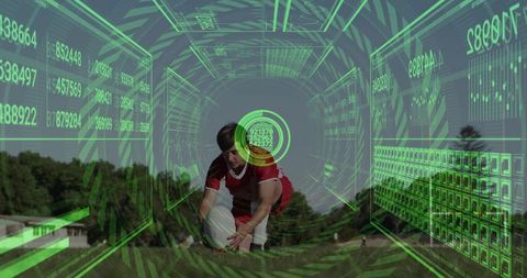 Teen athlete placing ball on suburban turf with green hud and holographic analytics