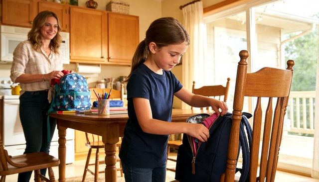 Mother helping daughter pack backpack at kitchen table preparing for school routine
