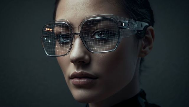 Futuristic closeup portrait of woman wearing oversized transparent glasses and mesh hud