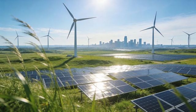 Renewable energy landscape with solar panel arrays and wind turbines near city skyline