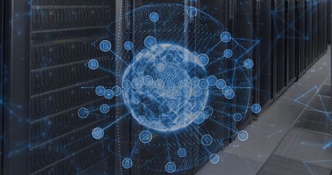Globe Projection Over Server Room Representing Global Data Networks - Download Free Stock Images Pikwizard.com