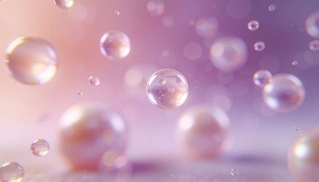 Floating iridescent glass spheres in pastel bokeh, glowing macro abstract soft studio background