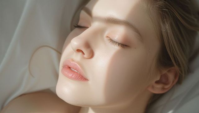 Resting young woman lying in soft morning light with dewy skin, close-up beauty portrait