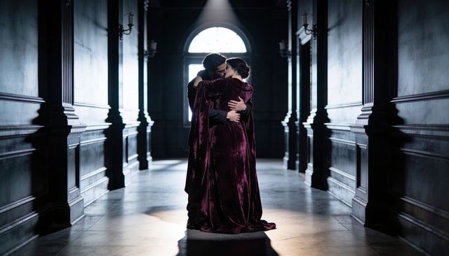 Embracing couple under spotlight in grand gothic corridor wearing burgundy velvet cloaks