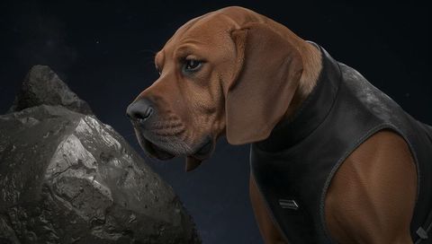 Posing brown hound wearing black leather vest with metal badge, moody three-quarter portrait