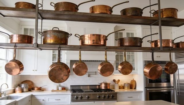 Hanging copper cookware showing patina and rustic charm in bright white farmhouse kitchen