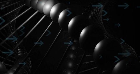 Twisting matte-black double helix of spheres threading thin rods with teal arrows