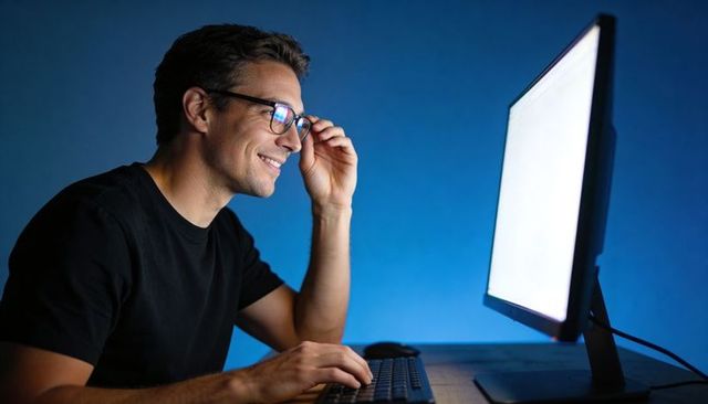 Smiling man leaning toward monitor typing on desktop keyboard wearing glasses at night