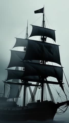 Fogbound Three-Masted Tall Ship Revealing Looming Sails and Rigging in Vertical Voyage