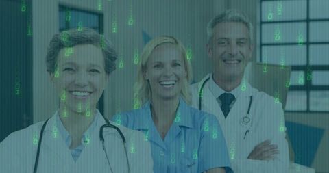 Healthcare Team in Hospital Corridor with Digital Overlay