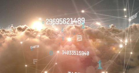 Drone view of digital connectivity over cloudscape at sunset