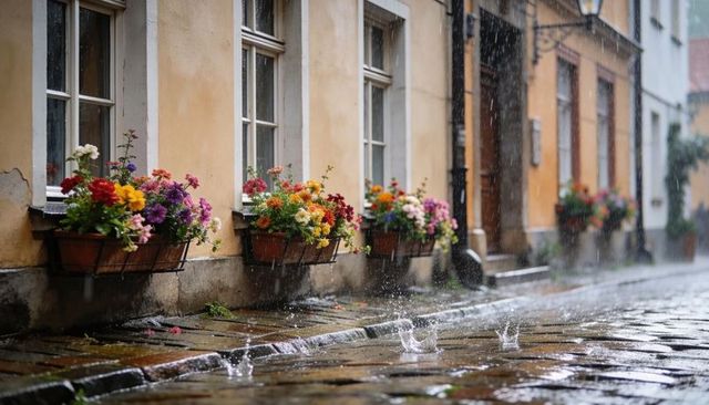 Colorful window flower boxes lining rainy cobblestone street with puddles and splashes