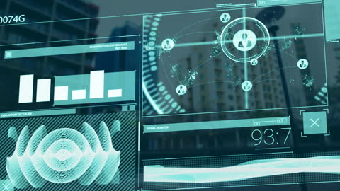 Futuristic Digital Interface with Data Visualization over Cityscape