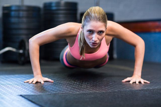 This image shows a determined woman performing push-ups in a gym environment. Ideal for use in fitness blogs, workout guides, gym advertisements, and motivational posters. It highlights themes of strength, endurance, and dedication to physical fitness.