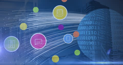 Digital World Concept with Technology Icons and Binary Globe