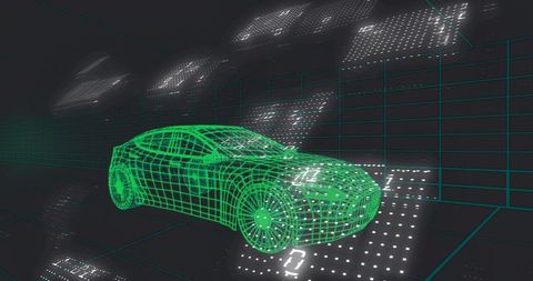 Rotating Neon Wireframe Sedan in Digital Grid for Automotive Design, Simulation, Visualization