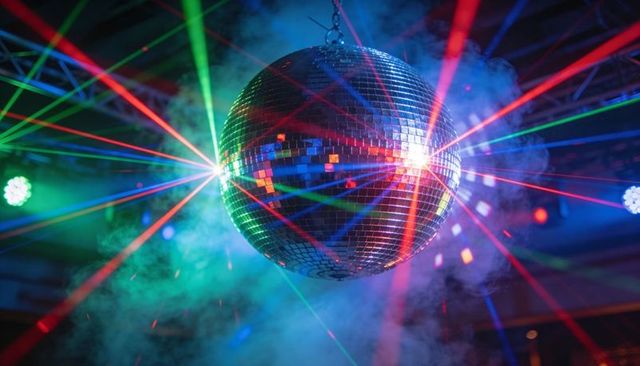 Spinning mirrored disco ball reflecting vibrant multicolor lasers through smoky nightclub