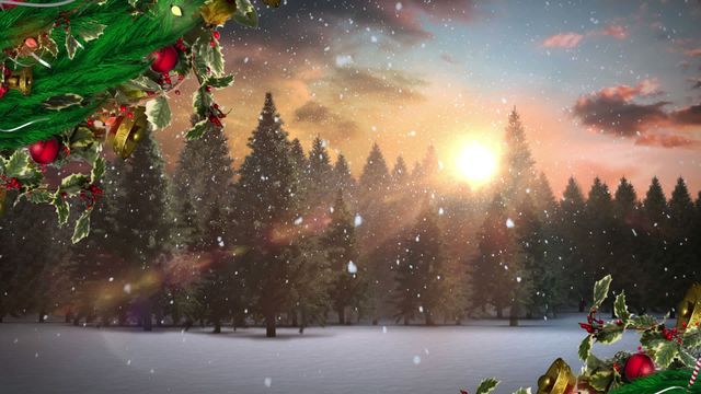 This visually captivating artwork illustrates a snowy forest with large pine trees enveloped in serene snowfall under a striking sunset. Festive decorations subtly accentuate the natural beauty, bringing out the Christmas theme. Ideal for use in holiday greetings, seasonal promotions, and festive event announcements to evoke a warm, cheerful ambiance.