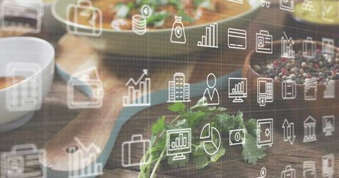 Fresh cilantro on rustic cutting board with translucent business data and infographic overlay