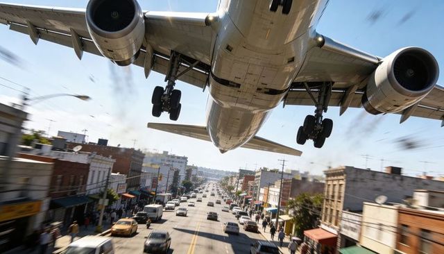 Low-flying commercial jet approaching runway over bustling urban street