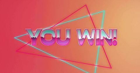 Retro neon you win synthwave victory typography on coral-peach gradient with glowing triangles