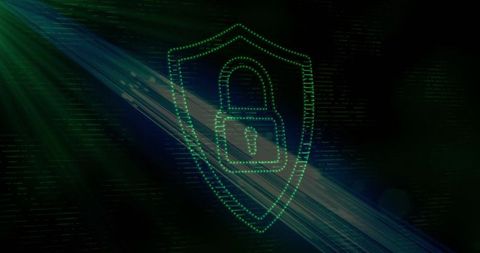 Pulsing neon shield lock glowing in teal gradient representing cybersecurity and privacy