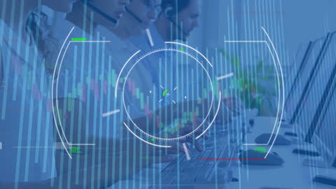 Team Using Headsets with Data Processing Graphics Overlay