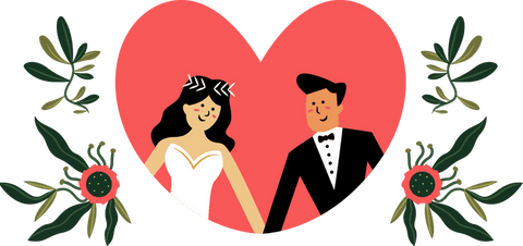 Cartoon bride and groom in heart with flowers on transparent background