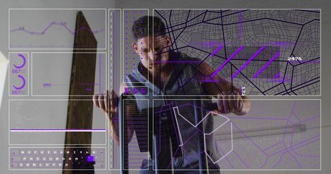 Man controlling holographic navigation interface with purple maps and analytics dashboards