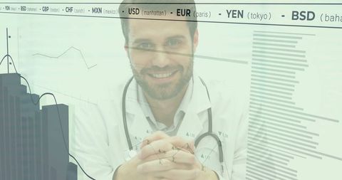 Doctor at clinic with medical charts and currency ticker overlay