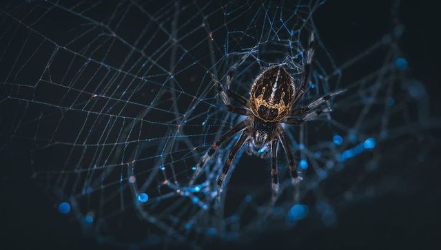 Nocturnal orbweaver clinging to silk web with cyan bokeh and ochre patterned abdomen