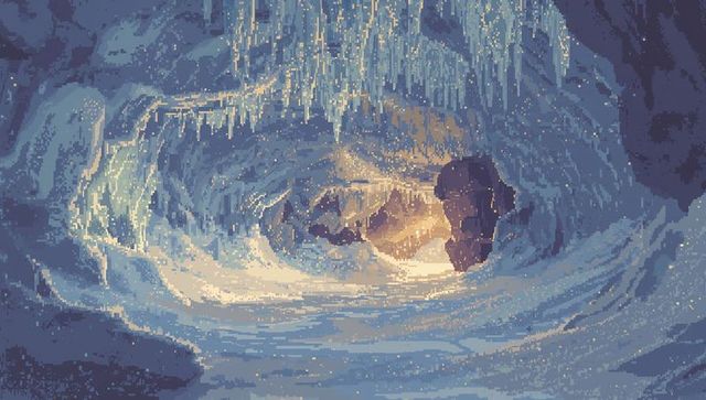 Spiraling ice cavern with glowing amber exit - pixelated crystal grotto artwork