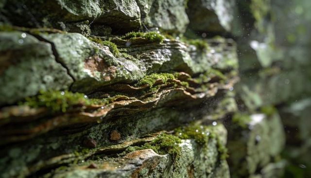 Sunlit moss growing on layered shale strata with dew droplets and forest bokeh