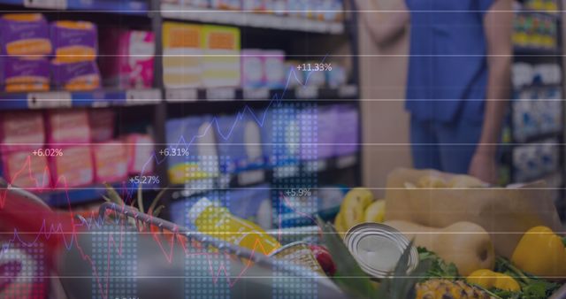 Scene depicting grocery shopping with a financial graph overlay suggesting market trends. Useful for articles on consumer behavior, market research, economic studies, investment in retail.