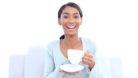 Joyful Woman Enjoying Coffee with Christmas Animation