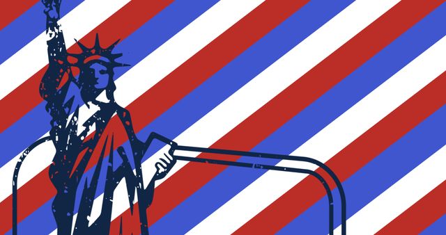 This illustration features an abstract depiction of the Statue of Liberty against a bold red, white, and blue striped background. It is perfect for patriotic themed projects, advertising campaigns celebrating American holidays like Independence Day or Memorial Day, educational materials about American symbols, or for use in artistic designs that emphasize freedom and liberty.