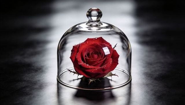 Red rose resting under glass cloche with dew drops on reflective dark tabletop