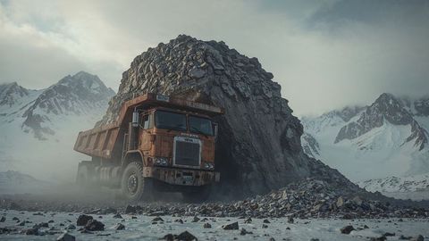 Rugged high-altitude quarry with rusted dumper truck
