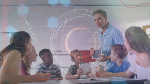 Diverse Classroom with Data Overlay and Technology Use