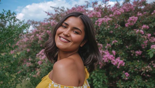 Smiling woman turning in pink blossom garden wearing yellow off-shoulder dress portrait