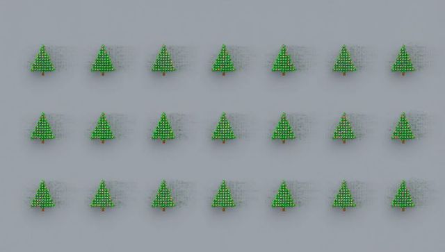 Minimalist grid displaying 28 stylized evergreen trees on light gray textured plane