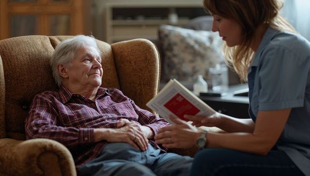 Compassionate caregiver reading and smiling with relaxed elderly woman in cozy armchair