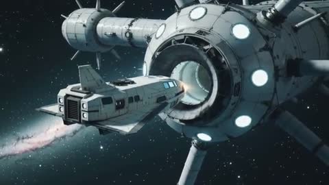 Shuttle Docking into Ringed Space Station amid Starfield