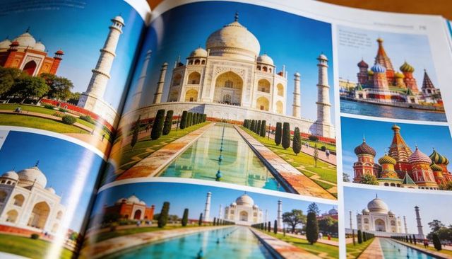 Glossy travel magazine spread featuring taj mahal reflecting pool and saint basil domes