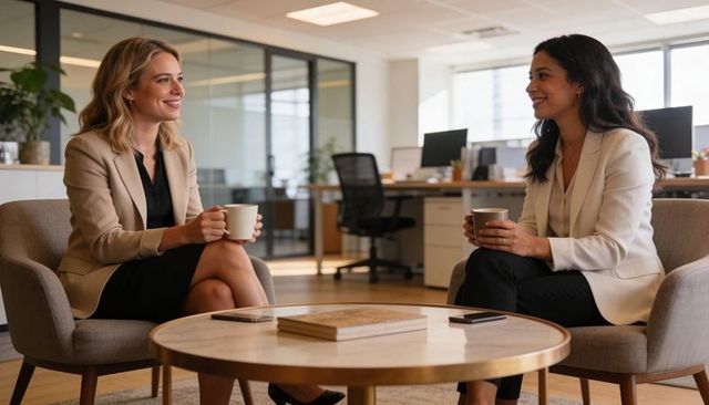 Two colleagues having coffee and networking in contemporary office lounge